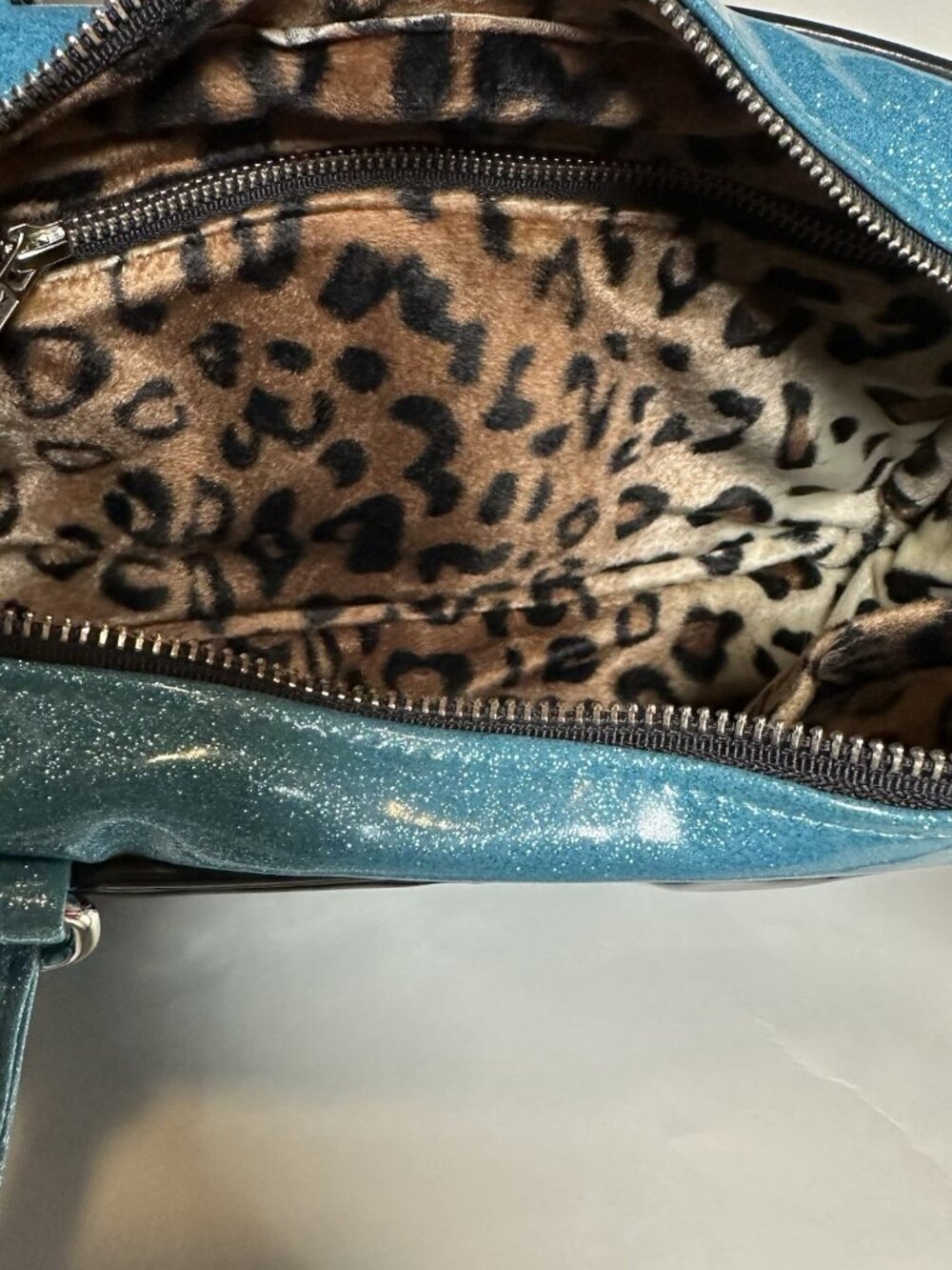 OOAK Trophy Queen Tuck and Roll Tote Blue Black Leopard Print Leather Hot Rod - Picture 13 of 13